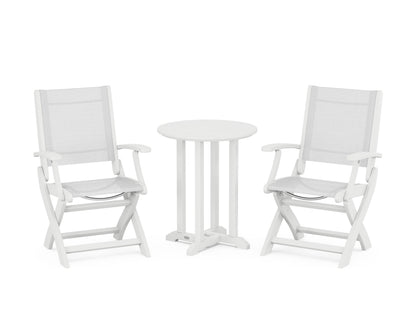POLYWOOD® Coastal Folding 3-Piece Round Bistro Dining Set in White / White Sling