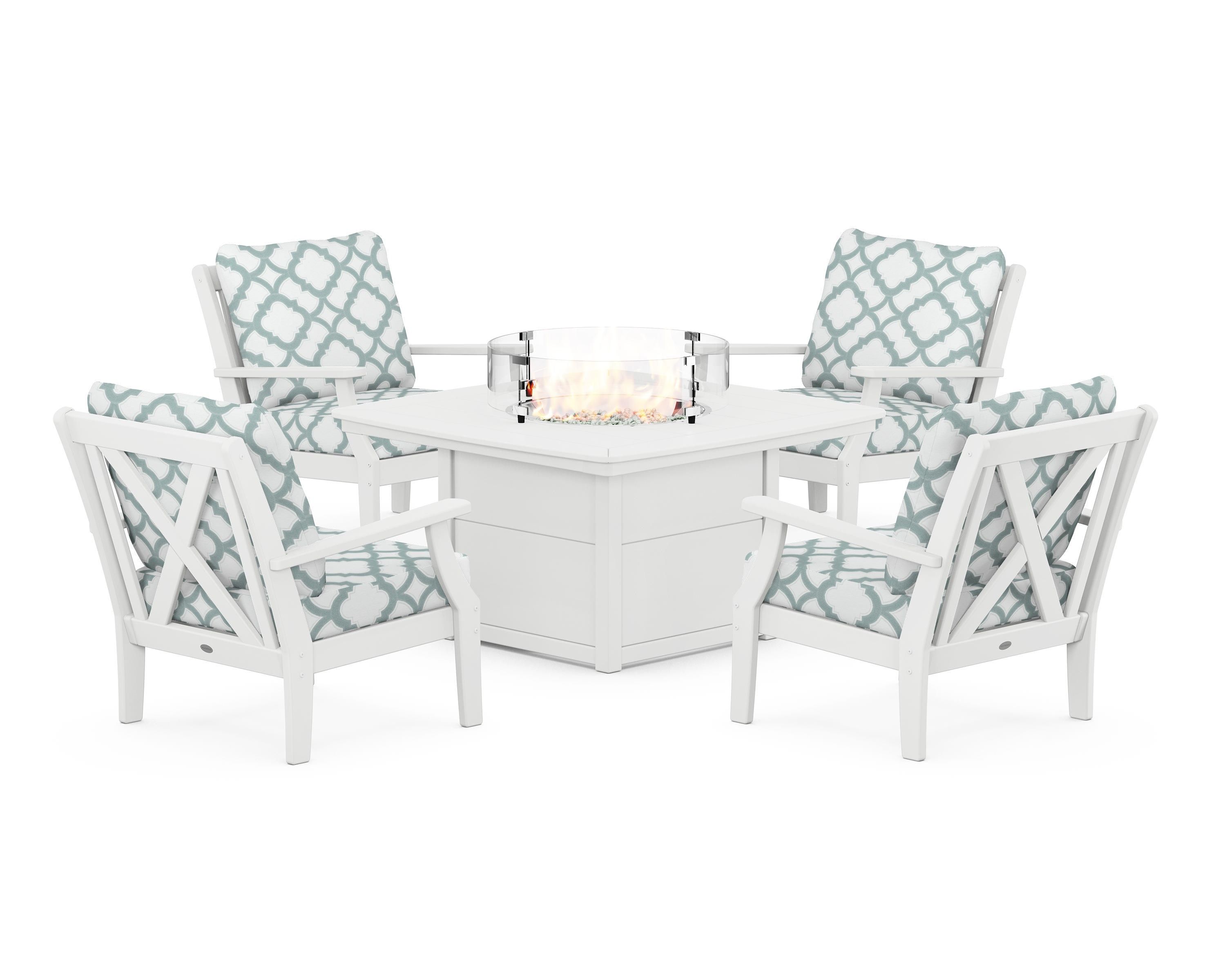 POLYWOOD® Braxton 5-Piece Deep Seating Conversation Set with Fire Pit Table in White / Trellis Glacier Spa