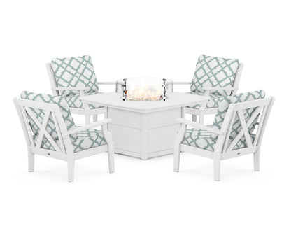 POLYWOOD® Braxton 5-Piece Deep Seating Conversation Set with Fire Pit Table in White / Trellis Glacier Spa