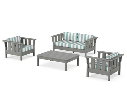 Martha Stewart by POLYWOOD® Acadia 4-Piece Deep Seating Set with Loveseat in Slate Grey / Cabana Stripe Glacier Spa