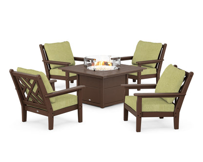 POLYWOOD® Chippendale 5-Piece Deep Seating Set with Fire Pit Table in Mahogany / Chartreuse Boucle