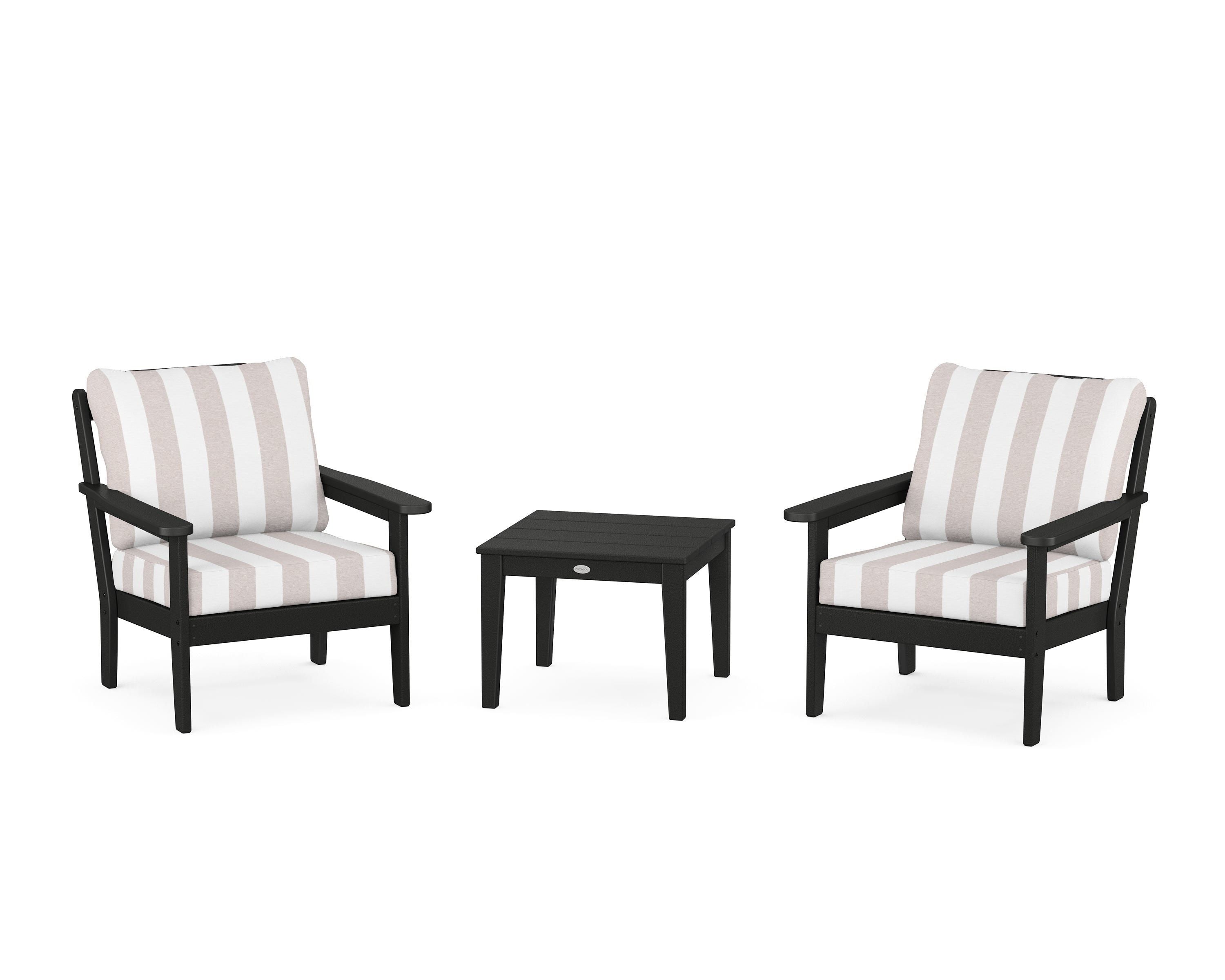 Country Living Cottage 3-Piece Deep Seating Set in Black / Cabana Stripe Dune Burlap