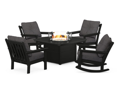 POLYWOOD® Vineyard 5-Piece Deep Seating Rocking Chair Conversation Set with Fire Pit Table in Black / Ash Charcoal