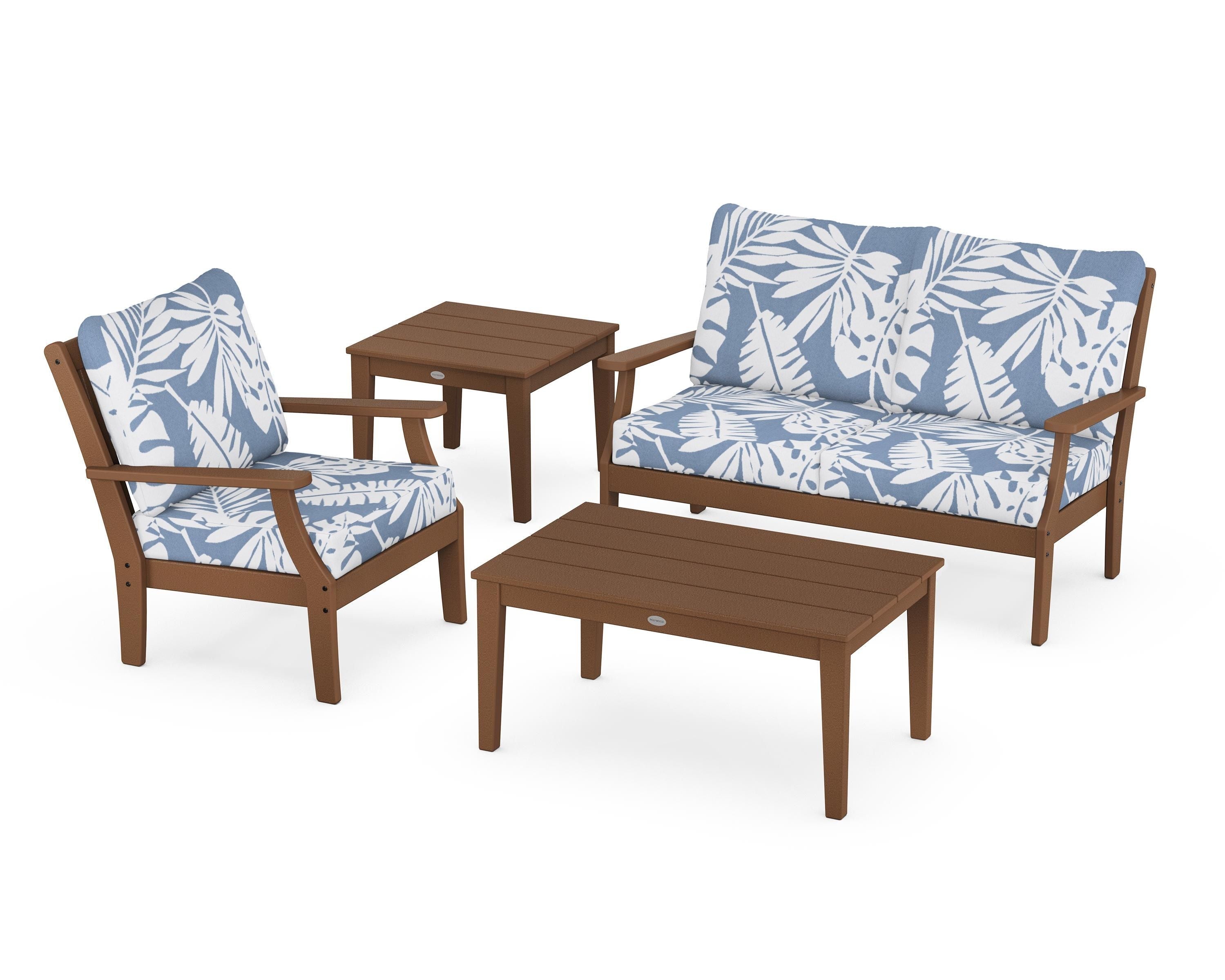 POLYWOOD® Braxton 4-Piece Deep Seating Set in Teak / Leaf Sky Blue