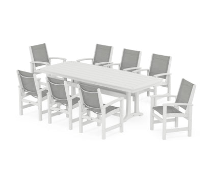 POLYWOOD® Coastal 9-Piece Dining Set with Trestle Legs in White / Metallic Sling
