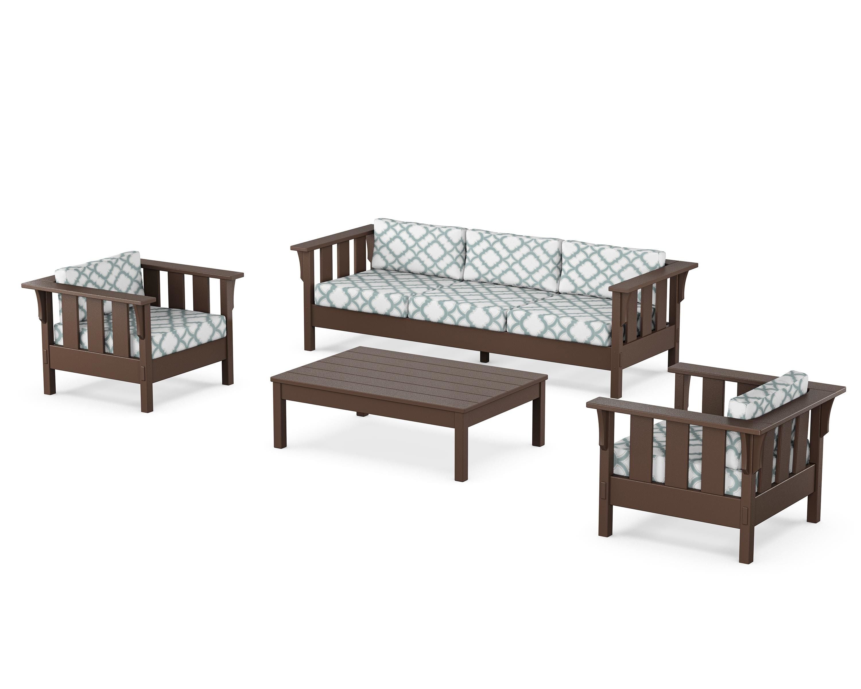 Martha Stewart by POLYWOOD® Acadia 4-Piece Deep Seating Set with Sofa in Mahogany / Trellis Glacier Spa