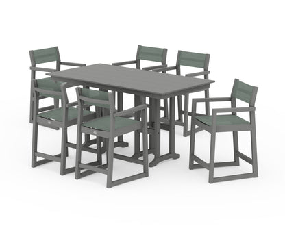 POLYWOOD® EDGE Sling Arm Chair 7-Piece Farmhouse Counter Set in Slate Grey / Dupioni Sea Mist Sling