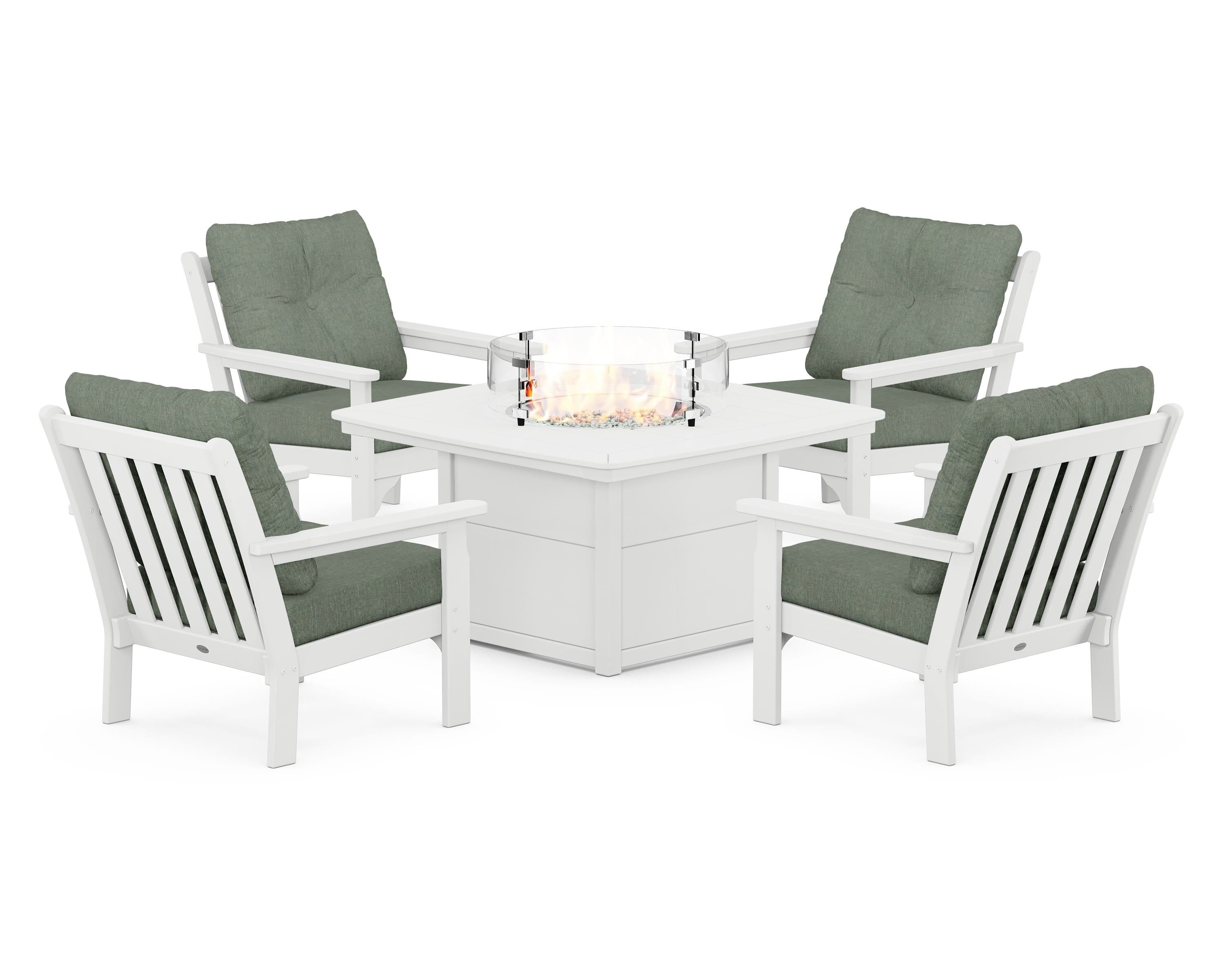 POLYWOOD® Vineyard 5-Piece Conversation Set with Fire Pit Table in White / Cast Sage