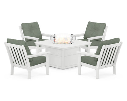 POLYWOOD® Vineyard 5-Piece Conversation Set with Fire Pit Table in White / Cast Sage