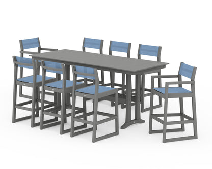 POLYWOOD® EDGE Sling 9-Piece Farmhouse Bar Set with Trestle Legs in Slate Grey / Poolside Sling
