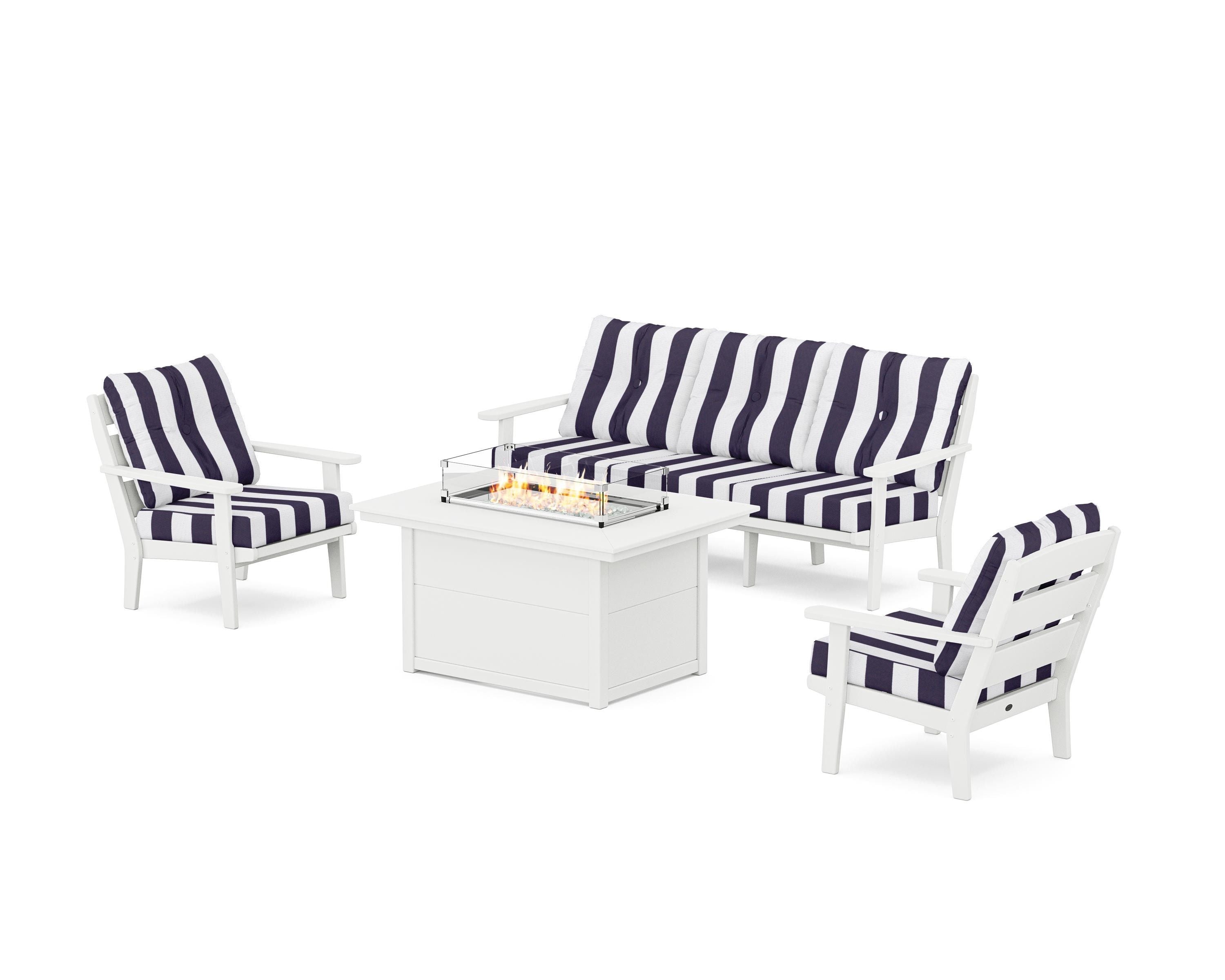 POLYWOOD® Lakeside Deep Seating Fire Pit Table Set in White / Cabana Stripe Navy