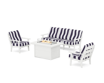 POLYWOOD® Lakeside Deep Seating Fire Pit Table Set in White / Cabana Stripe Navy