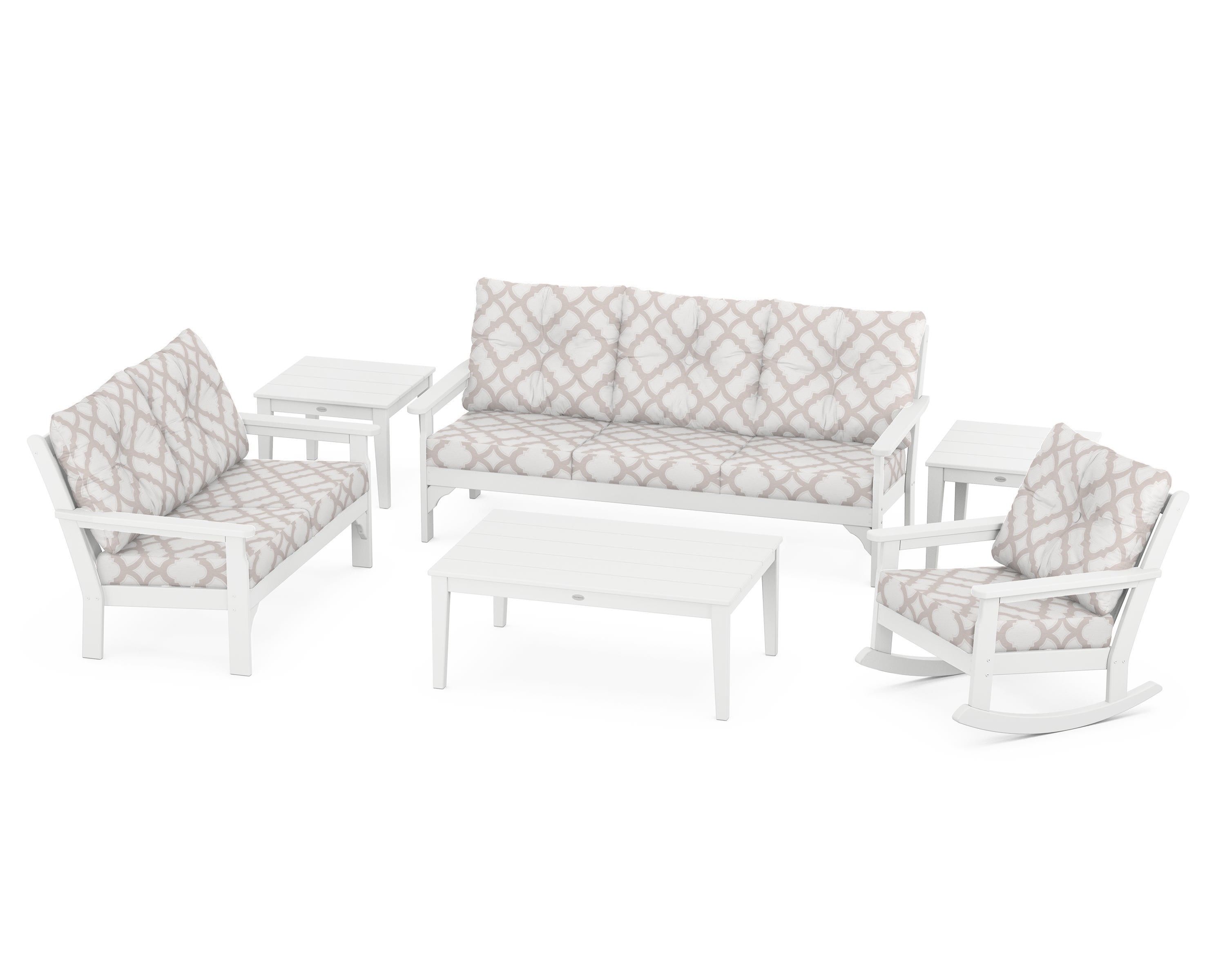 POLYWOOD® Vineyard 6-Piece Deep Seating Set in White / Trellis Dune Burlap
