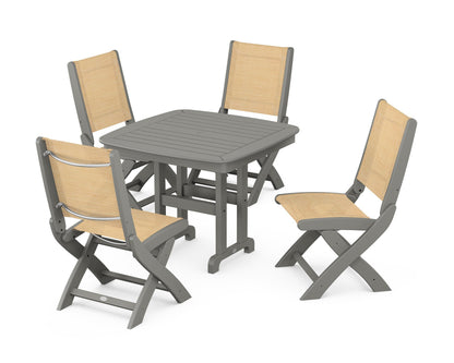 POLYWOOD® Coastal Folding Side Chair 5-Piece Dining Set in Slate Grey / Dupioni Apricot Sling