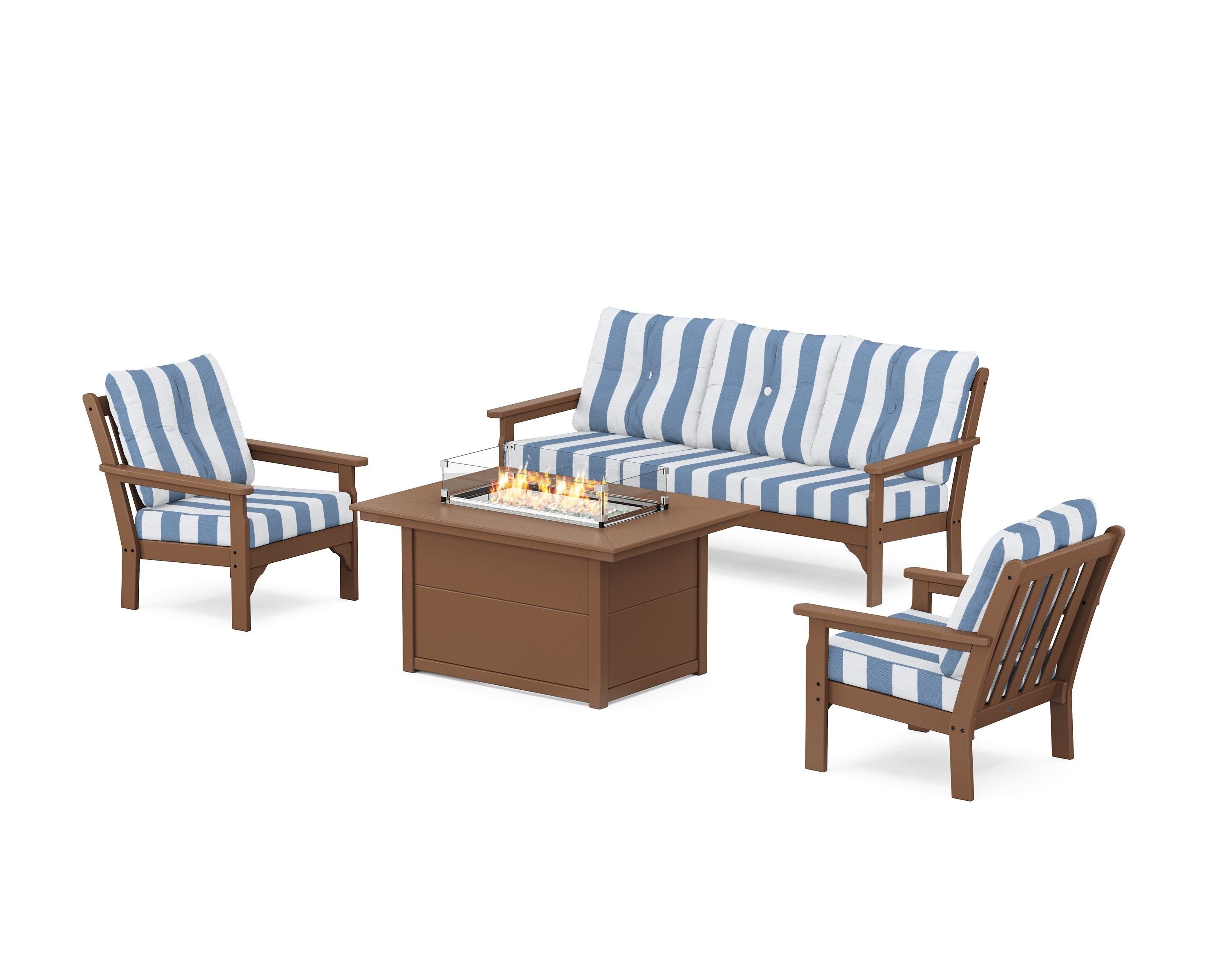 POLYWOOD® Vineyard Deep Seating Fire Pit Table Set in Teak / Cabana Stripe Sky Blue