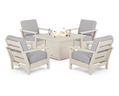 POLYWOOD® Harbour 5-Piece Conversation Set with Fire Pit Table in Sand / Granite