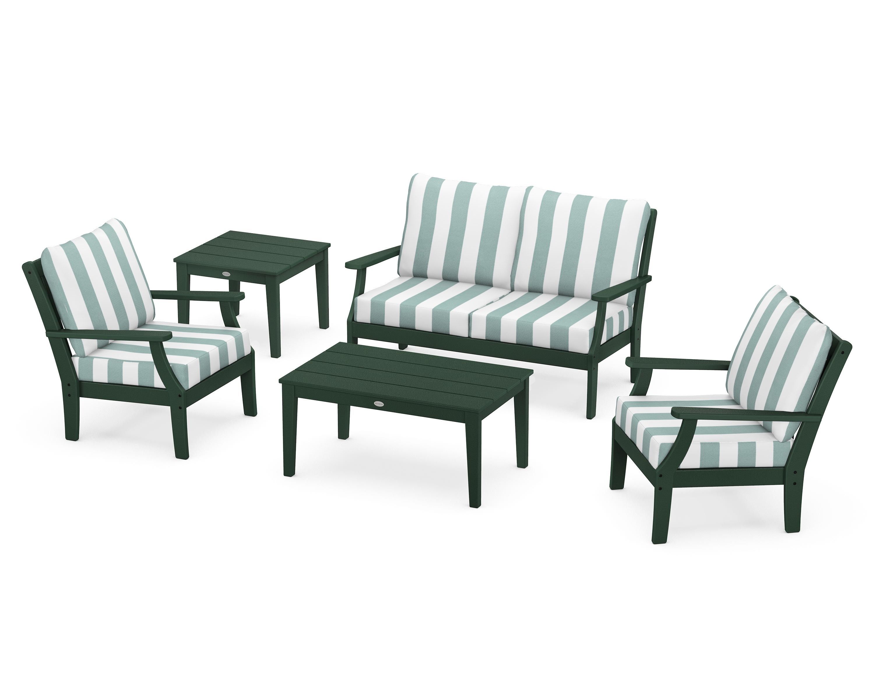 POLYWOOD® Braxton 5-Piece Deep Seating Set in Green / Cabana Stripe Glacier Spa