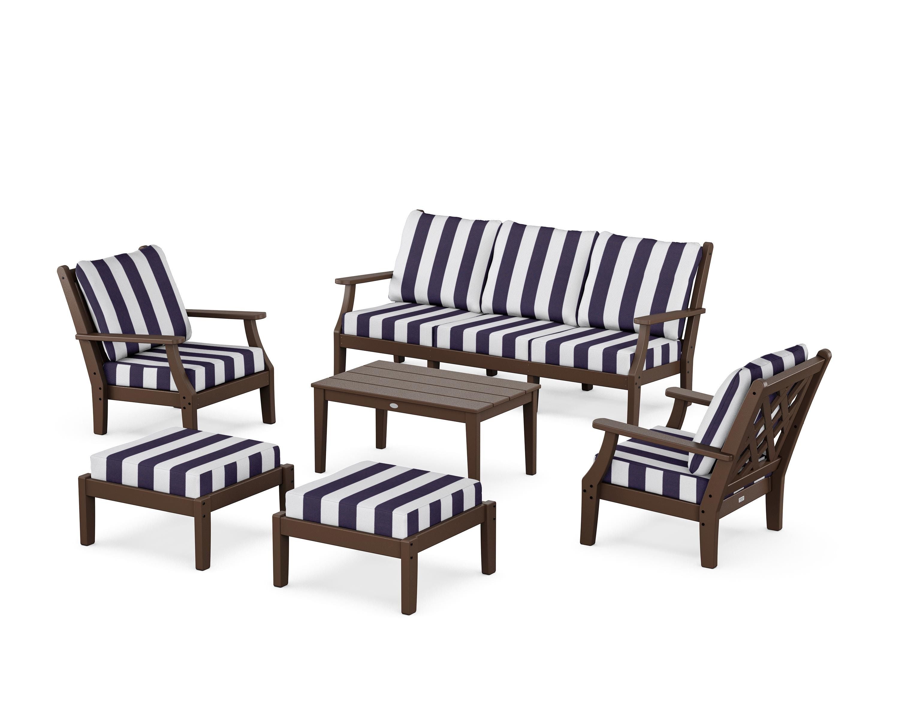 Country Living Wovendale 6-Piece Lounge Sofa Set in Mahogany / Cabana Stripe Navy