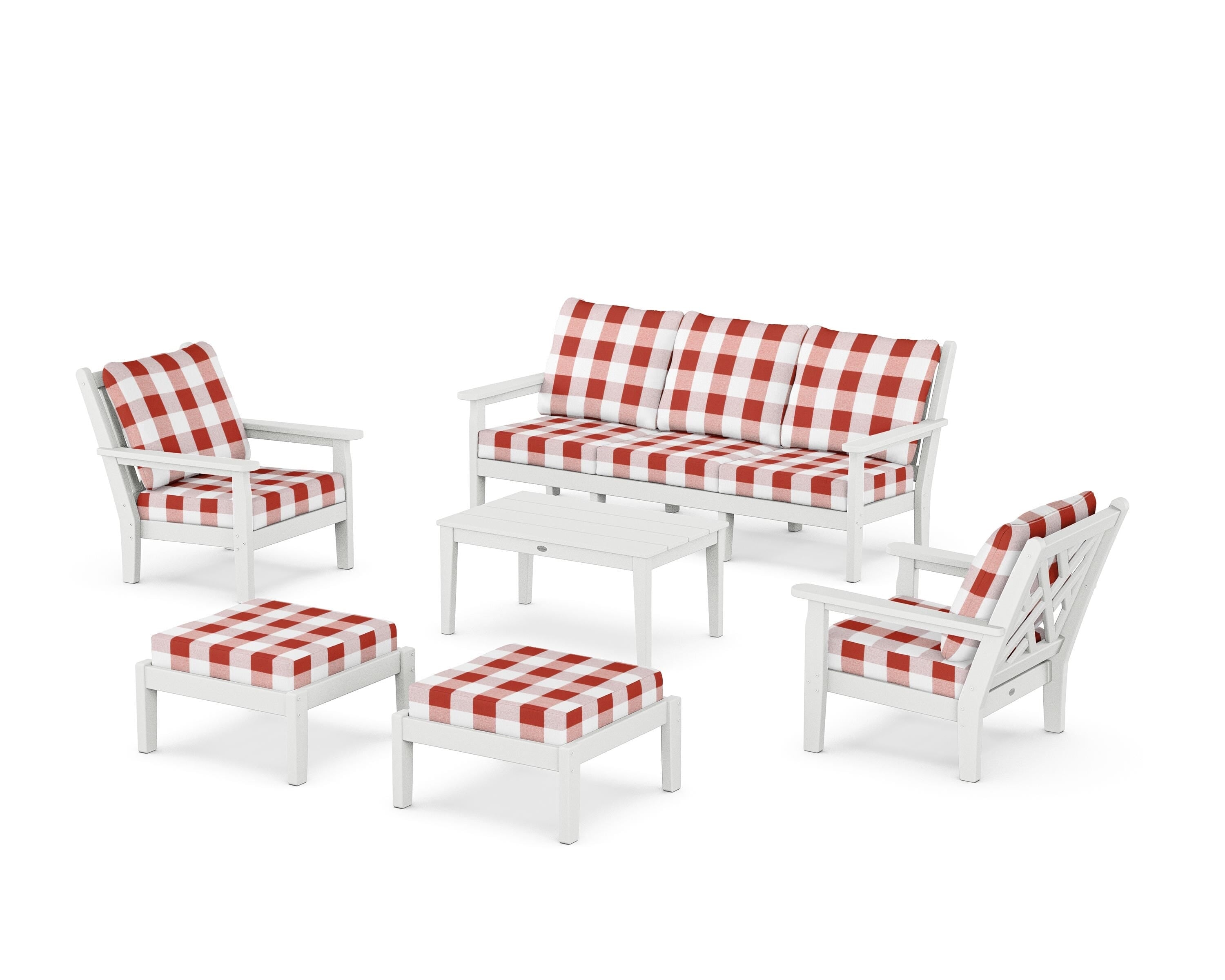 POLYWOOD® Chippendale 6-Piece Lounge Sofa Set in White / Buffalo Plaid Crimson