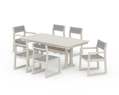 POLYWOOD® EDGE Sling 7-Piece Farmhouse Trestle Dining Set in Sand / Metallic Sling