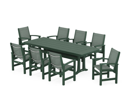 POLYWOOD® Coastal 9-Piece Farmhouse Dining Set with Trestle Legs in Green / Dupioni Sea Mist Sling