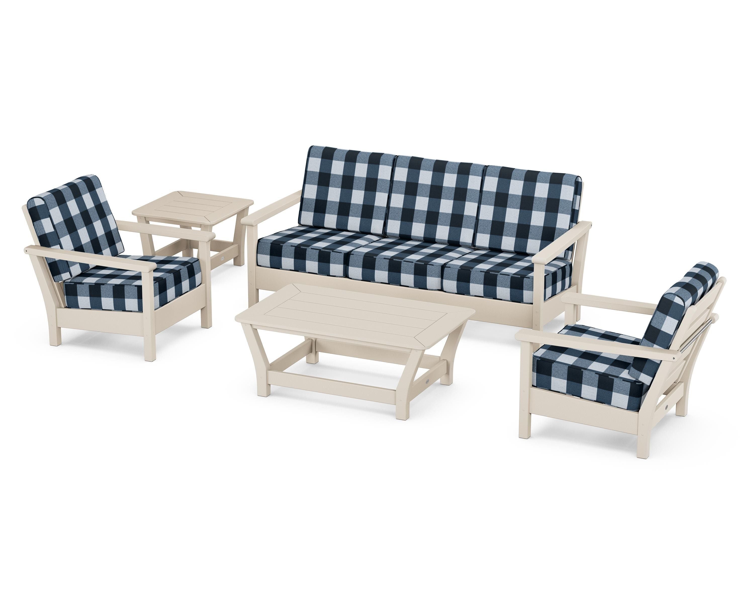 POLYWOOD® Harbour 5-Piece Deep Seating Set in Sand / Buffalo Plaid Marine Indigo