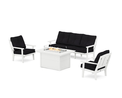 POLYWOOD® Mission Deep Seating Fire Pit Table Set in White / Midnight Linen