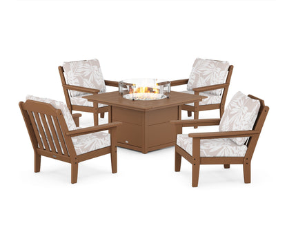 Country Living Cottage 5-Piece Deep Seating Set with Fire Pit Table in Teak / Leaf Dune Burlap