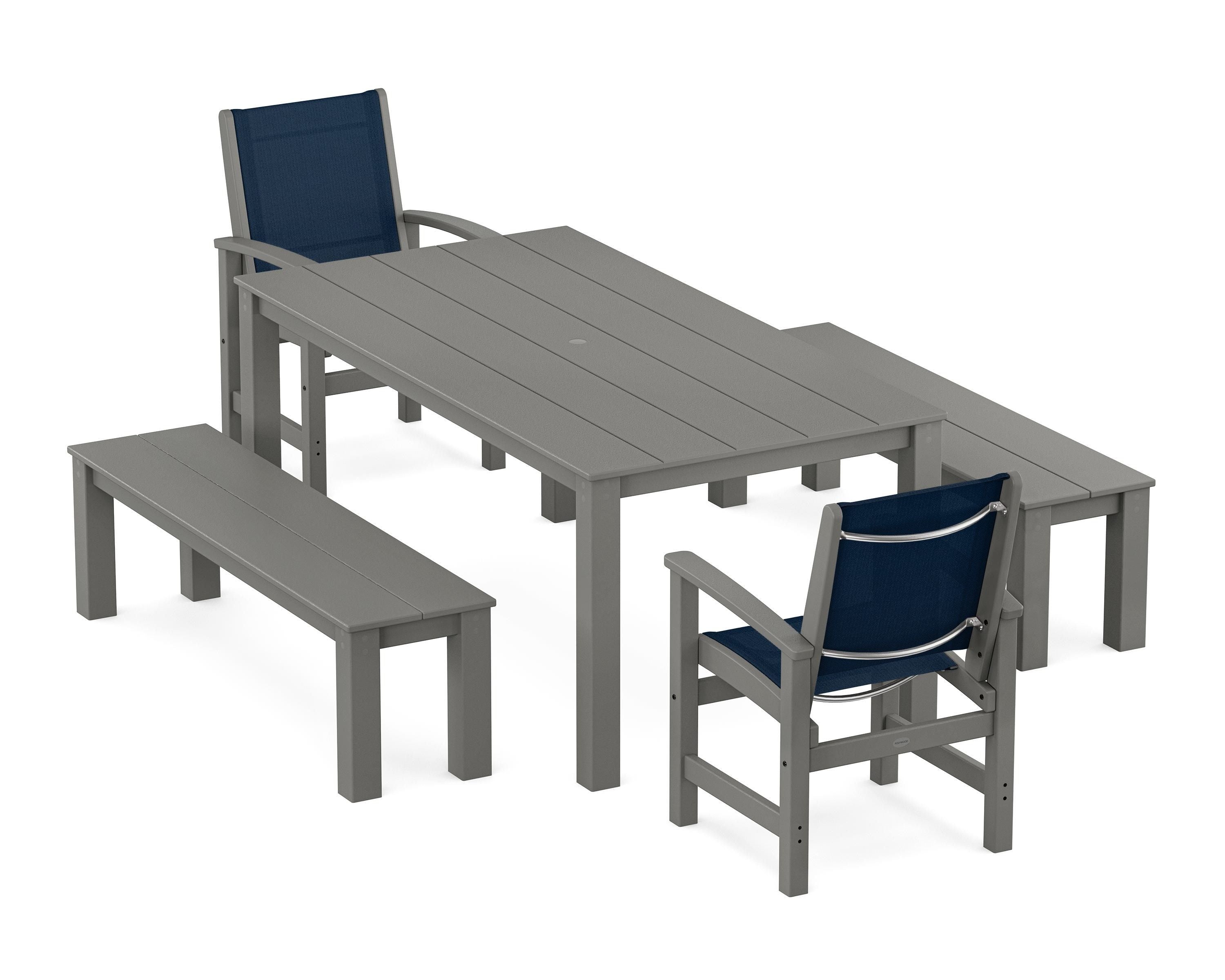 POLYWOOD® Coastal 5-Piece Parsons Dining Set with Benches in Slate Grey / Navy Blue Sling