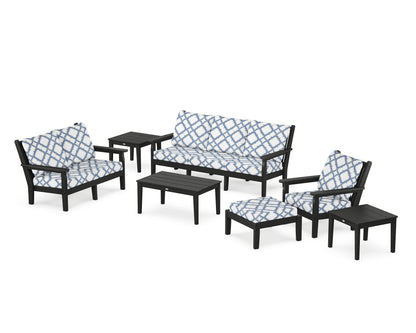 POLYWOOD® Chippendale 7-Piece Deep Seating Set in Black / Trellis Sky Blue