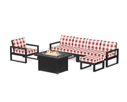 POLYWOOD® EDGE Sectional Lounge and Fire Pit Set in Black / Buffalo Plaid Crimson
