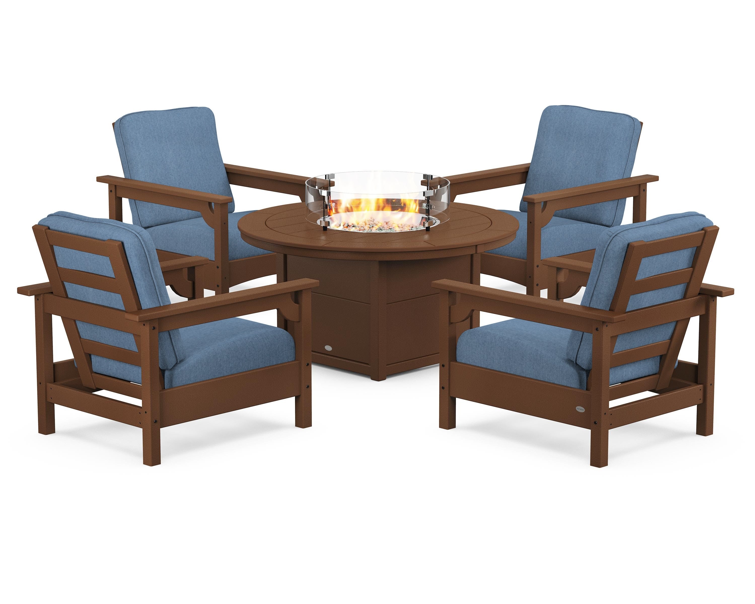 POLYWOOD® Club 5-Piece Conversation Set with Fire Pit Table in Teak / Sky Blue