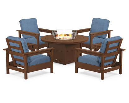 POLYWOOD® Club 5-Piece Conversation Set with Fire Pit Table in Teak / Sky Blue