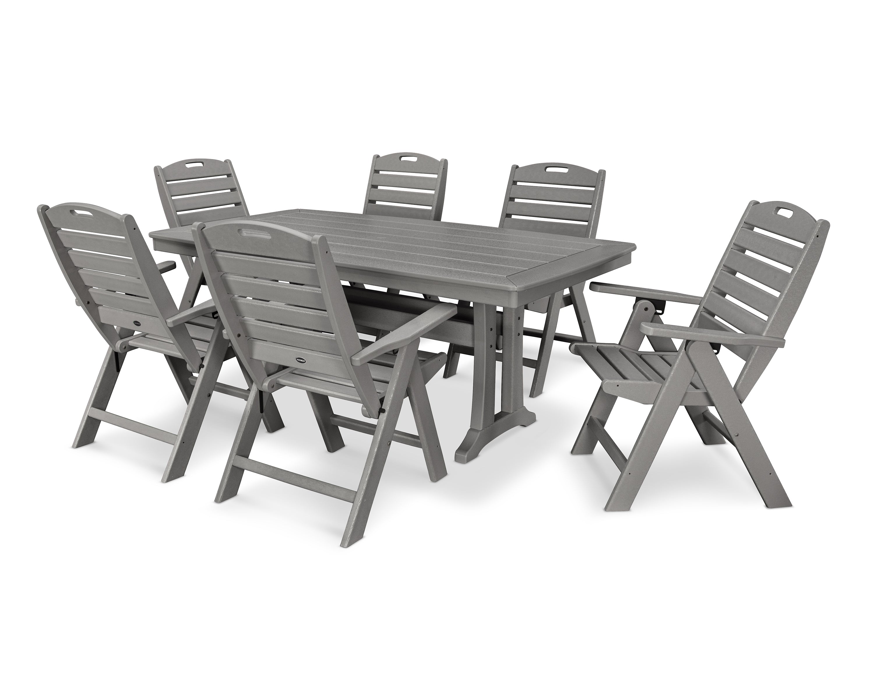 POLYWOOD® Nautical Folding Highback Chair 7-Piece Dining Set with Trestle Legs in Slate Grey