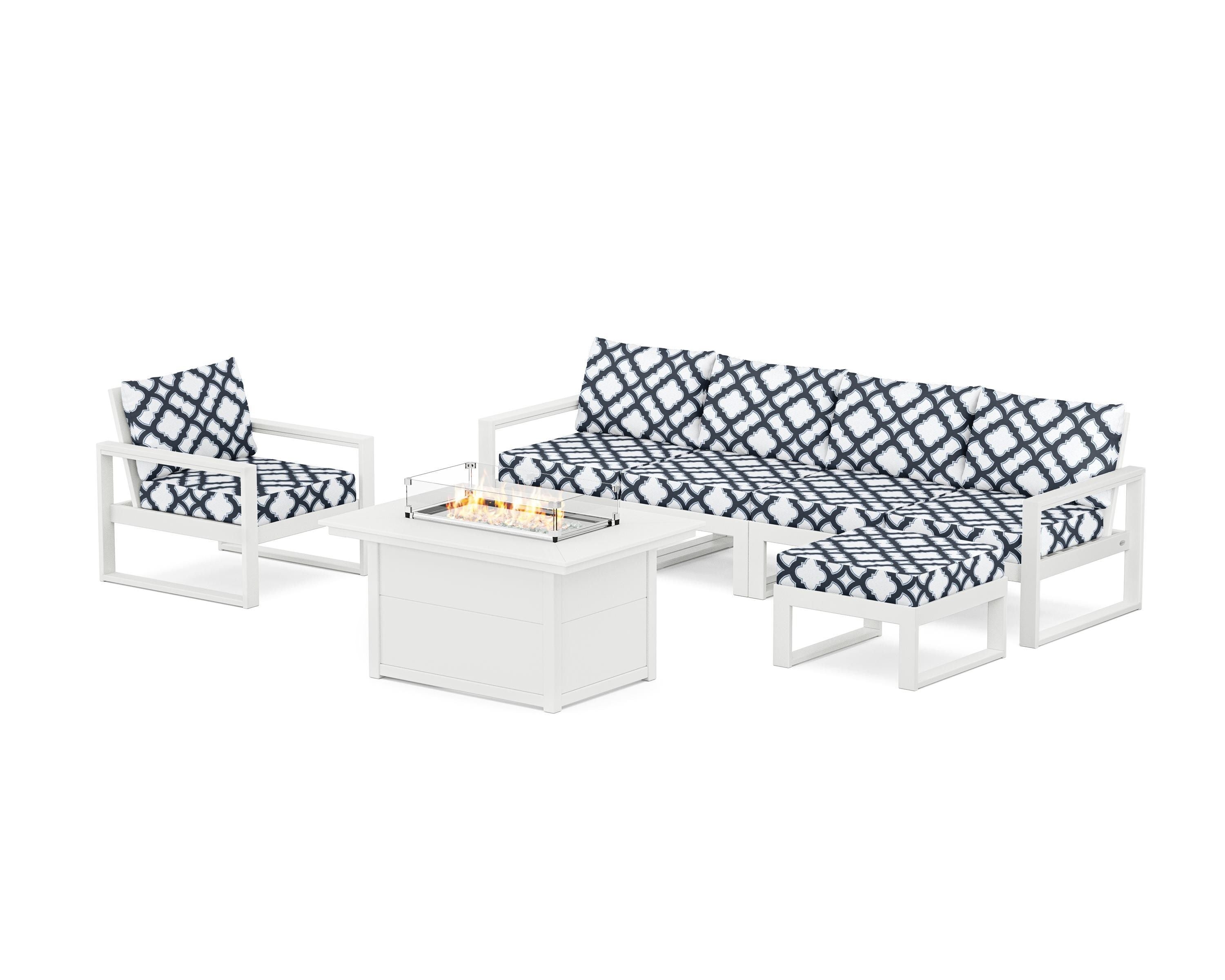POLYWOOD® EDGE Sectional Lounge and Fire Pit Set in White / Trellis Marine Indigo