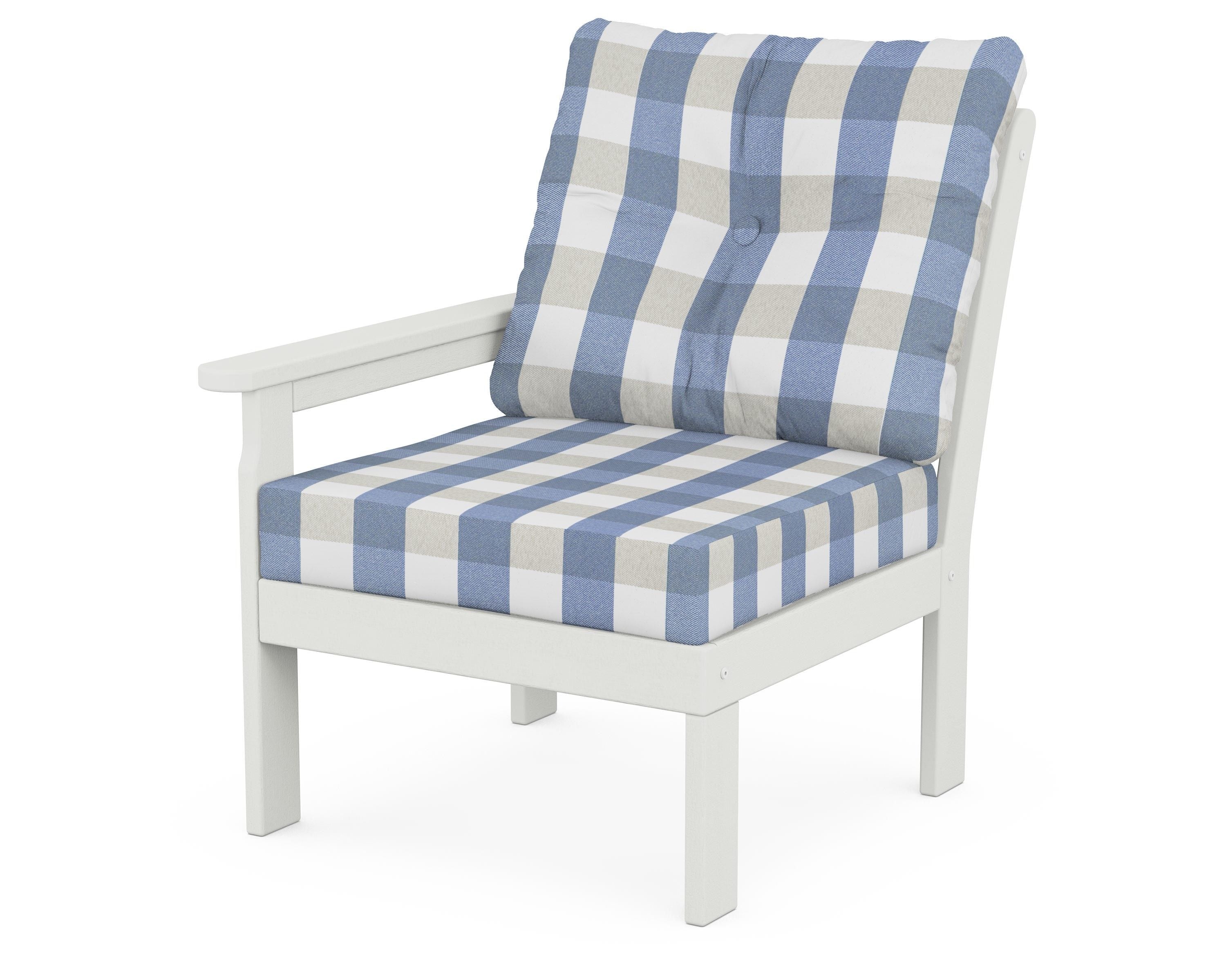POLYWOOD® Vineyard Modular Left Arm Chair in Vintage White / Buffalo Plaid Sky Blue