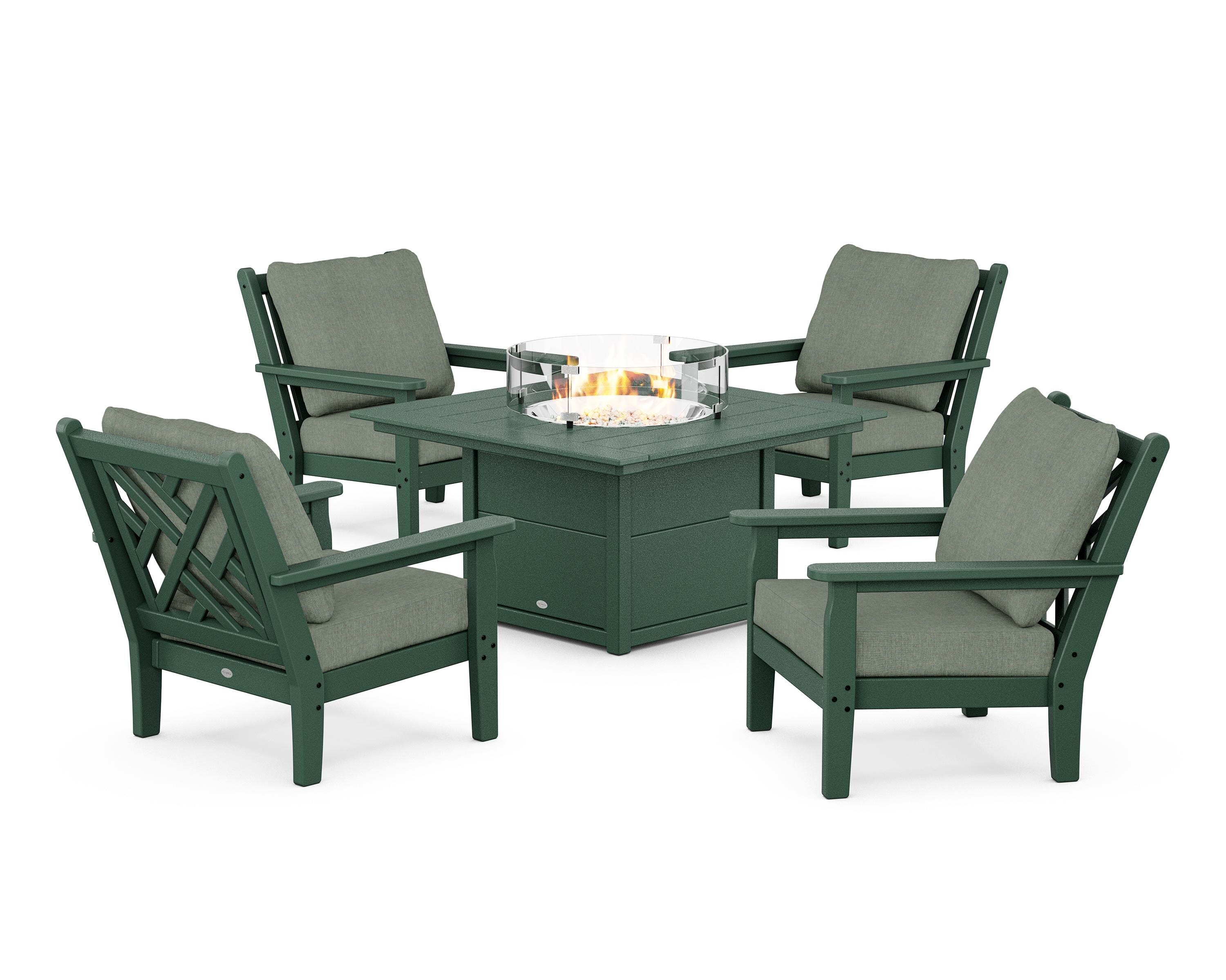 POLYWOOD® Chippendale 5-Piece Deep Seating Set with Fire Pit Table in Green / Cast Sage