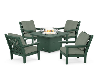 POLYWOOD® Chippendale 5-Piece Deep Seating Set with Fire Pit Table in Green / Cast Sage