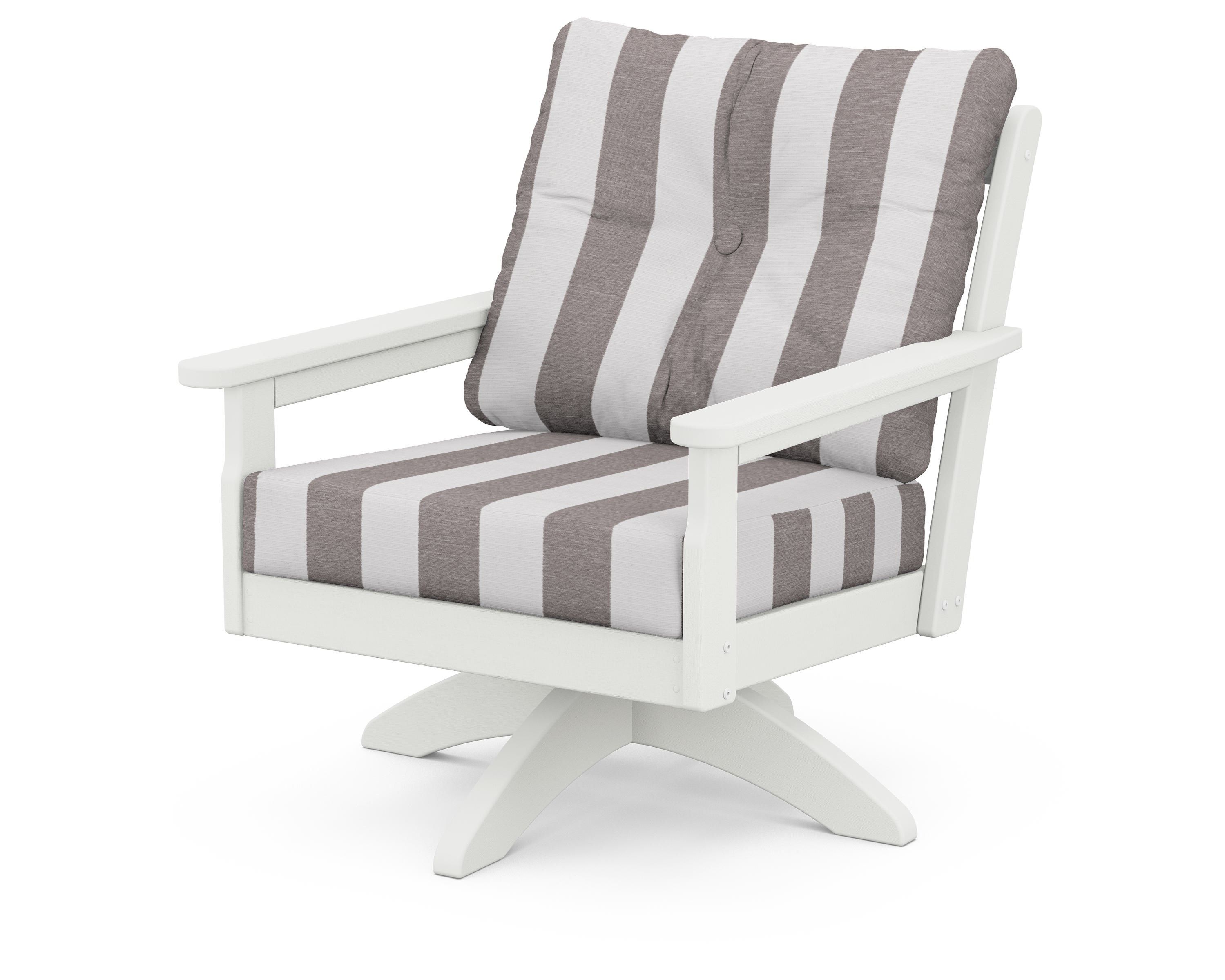 POLYWOOD® Vineyard Deep Seating Swivel Chair in Vintage White / Cabana Stripe Grey Mist