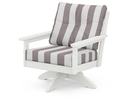 POLYWOOD® Vineyard Deep Seating Swivel Chair in Vintage White / Cabana Stripe Grey Mist