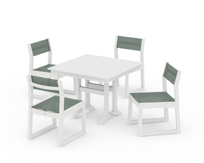 POLYWOOD® EDGE Sling 5-Piece Farmhouse Trestle Side Chair Dining Set in White / Dupioni Sea Mist Sling