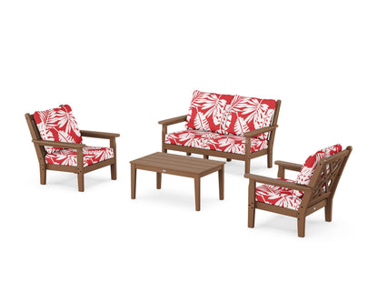 POLYWOOD® Chippendale 4-Piece Deep Seating Set with Loveseat in Teak / Leaf Crimson