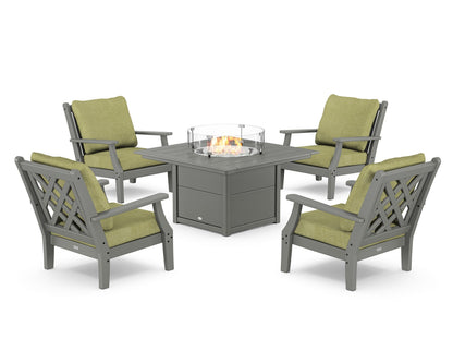 Country Living Wovendale 5-Piece Deep Seating Set with Fire Pit Table in Slate Grey / Chartreuse Boucle
