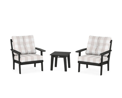 POLYWOOD® Oxford 3-Piece Deep Seating Set in Black / Buffalo Plaid Dune Burlap