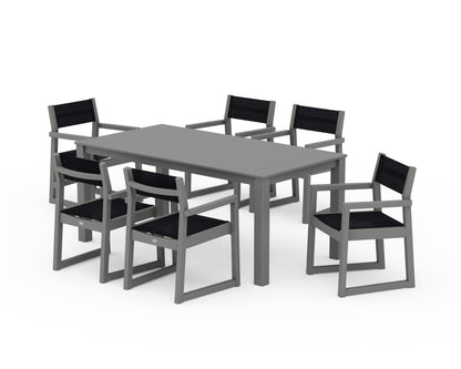POLYWOOD® EDGE Sling Arm Chair 7-Piece Parsons Dining Set in Slate Grey / Black Sling