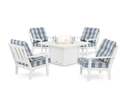 POLYWOOD® Oxford 5-Piece Deep Seating Set with Fire Pit Table in White / Buffalo Plaid Sky Blue