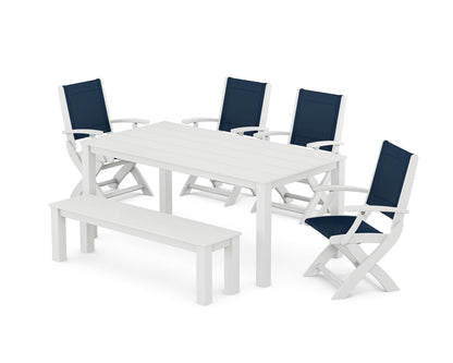 POLYWOOD® Coastal Folding Chair 6-Piece Parsons Dining Set with Bench in White / Navy Blue Sling