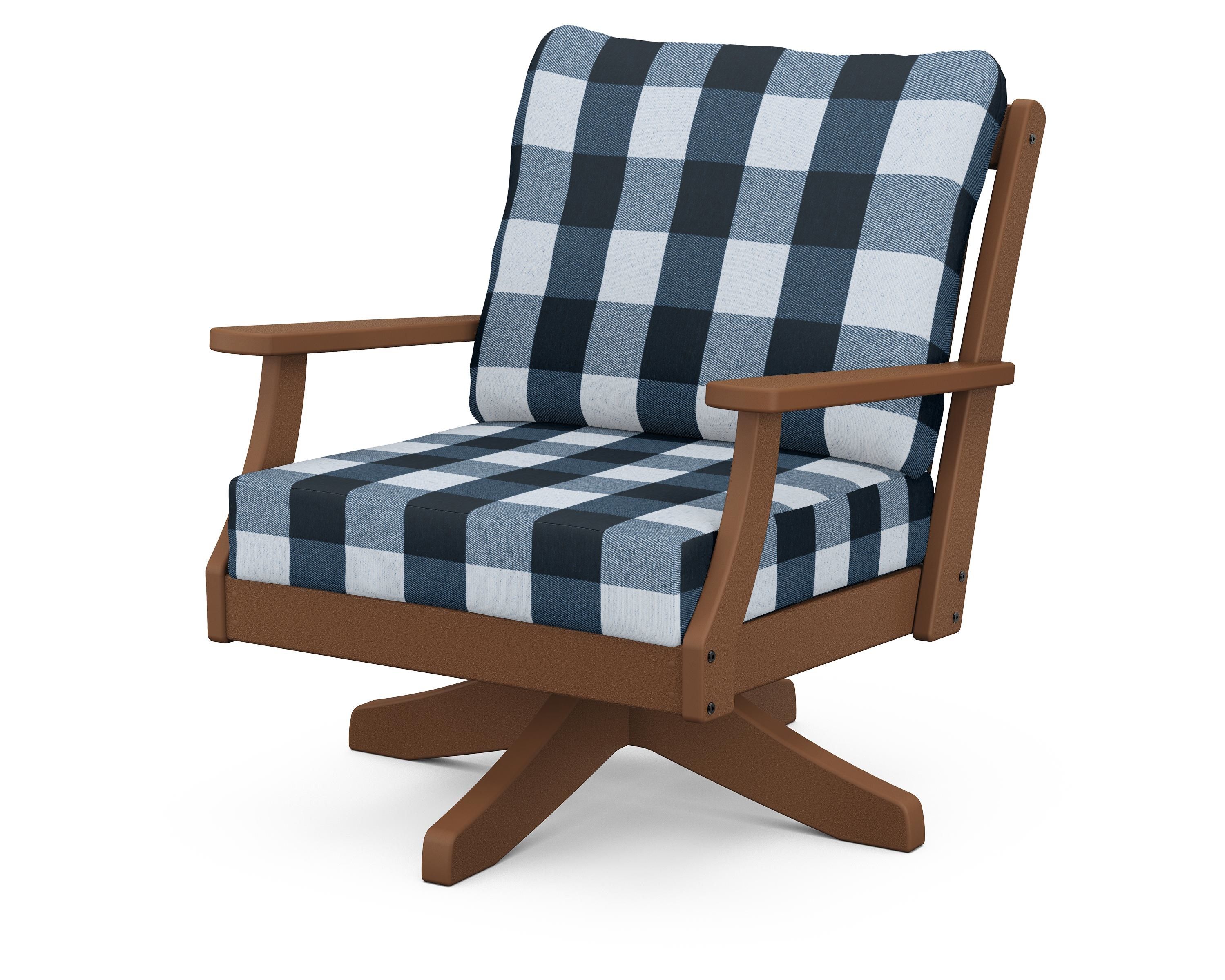 POLYWOOD® Braxton Deep Seating Swivel Chair in Teak / Buffalo Plaid Marine Indigo