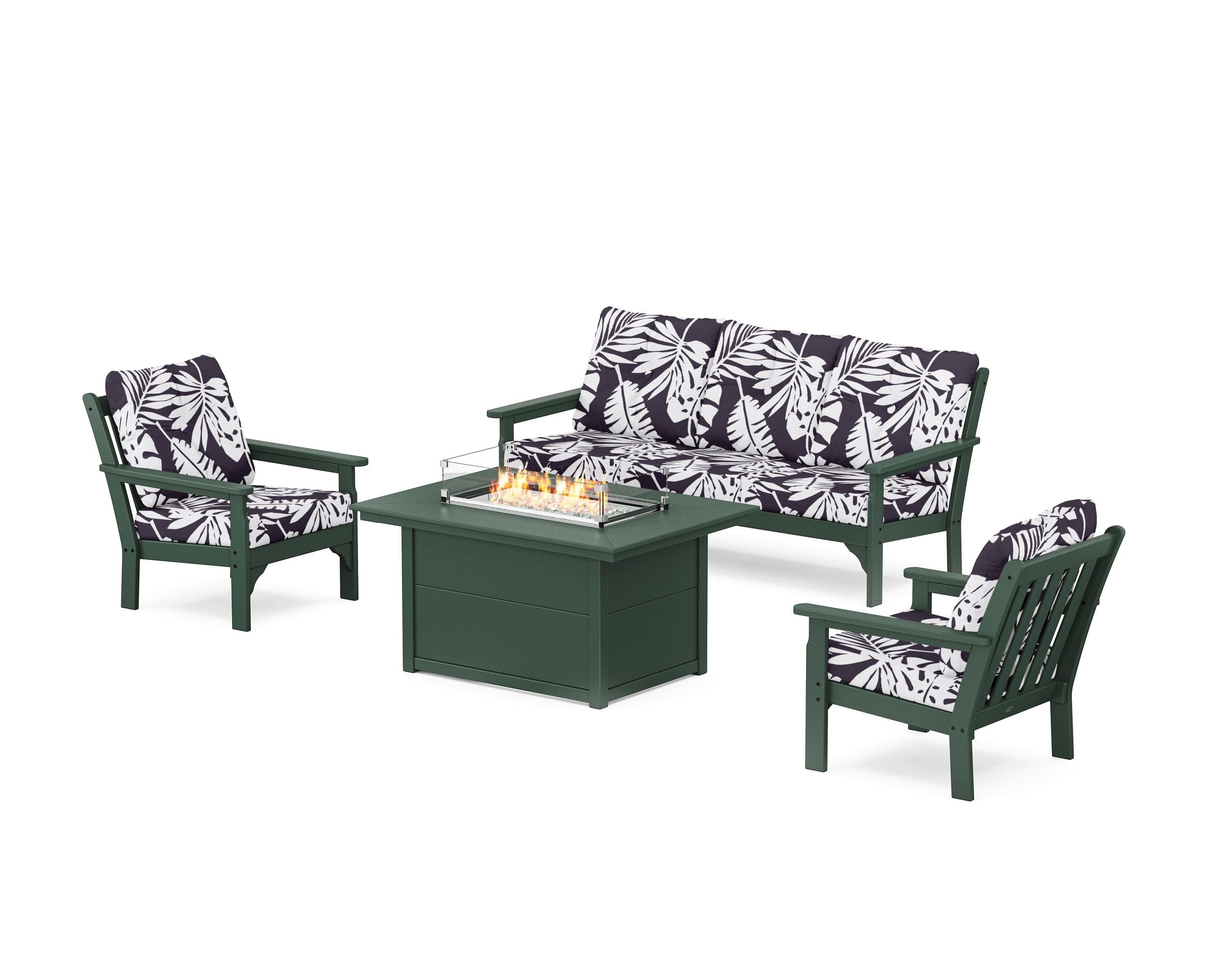 POLYWOOD® Vineyard Deep Seating Fire Pit Table Set in Green / Leaf Navy