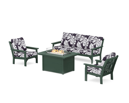 POLYWOOD® Vineyard Deep Seating Fire Pit Table Set in Green / Leaf Navy
